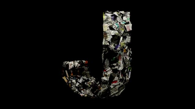 The letter J with cut up newspaper isolated on black loop