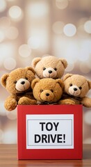 Teddy Bears in a Red Cardboard Donation Box with "TOY DRIVE" Inscription. Vertical image