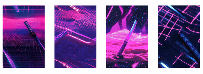 Vector pattern set of a samurai sword embedded in neon grid background
