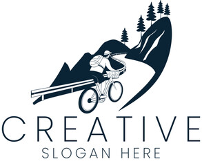 Cyclist Riding Scenic Mountain Road Bike Adventure calm logo icon hills trees sport black 