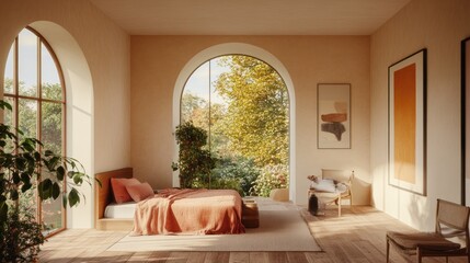 Sun-drenched bedroom with arched windows