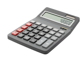 A realistic floating calculator with visible buttons and screen. Transparent background, isolated, showcasing a clean and modern design with a simple, clear composition.