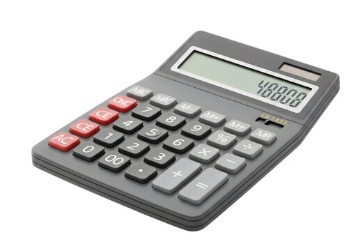 A realistic floating calculator with visible buttons and screen. Transparent background, isolated, showcasing a clean and modern design with a simple, clear composition.