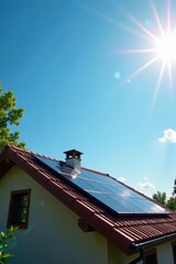 Solar power system on top of house beneath clear skies on sunny day, eco-friendly, alternative energy, power generation