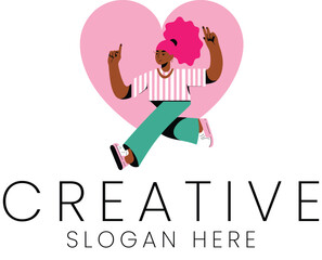 Joyful Woman Pink Heart Creative Logo Design fun girl cute flat icon love happy style     