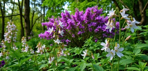 Fototapeta premium Delicate campanula blossoms nestled amongst lush green foliage and trees, flowers, campanula, summer