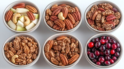 Obraz premium Assorted nuts and fruit in small bowls