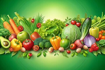 Healthy and colorful green food banner – fresh veggies and fruits in vibrant vector illustration style