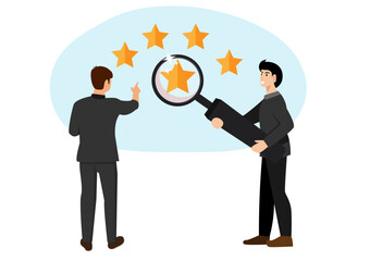 Appraisal, evaluate or assessment for quality or value, property or real estate rating evaluation, analyze employee performance concept, businessman with magnifying glass with stars quality score.
