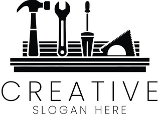 Black Toolset Icon Design on Wooden Shelf Creative diy logo home white craft hammer wrench