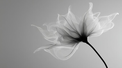 Monochrome flower silhouette with smoky translucent petals for minimalist posters and moody cosmetic packaging