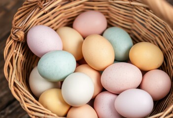 Pastel Colored Eggs in a Rustic Wicker Basket A Springtime Still Life