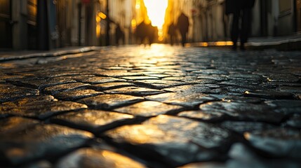 Cobblestone street bathed in golden sunset light.