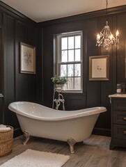 Bathroom interior with a clawfoot tub dark walls and a chandelier.