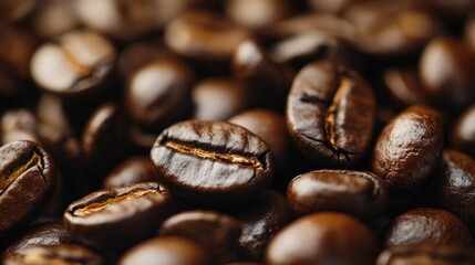 Coffee bean close up view brown background