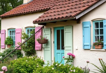 Naklejka premium Charming Cottage with Pastel Shutters and Hanging Basket Delightful Home Exterior