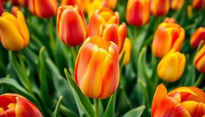 Vibrant close-up of blooming tulips, heralding spring's arrival, season, orange tulips