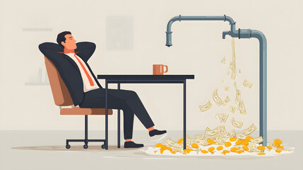 A relaxed businessman enjoys the abundance of cash flowing from a pipe, symbolizing wealth and success.