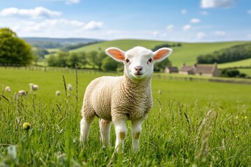 Obraz premium Adorable lamb in a grassy field. A young lamb stands in a vibrant green field, looking directly at the viewer