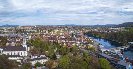 Fototapeta premium Panorama drone view over the old Swiss city Schaffhausen at the Rhine river