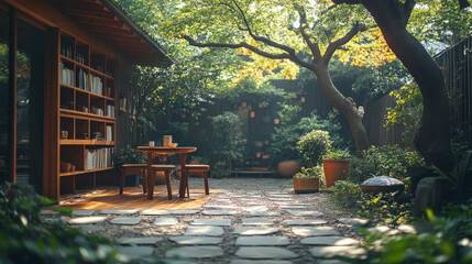A garden terrace hosts a coffee and book setup, offering the perfect setting for a calm weekend morning