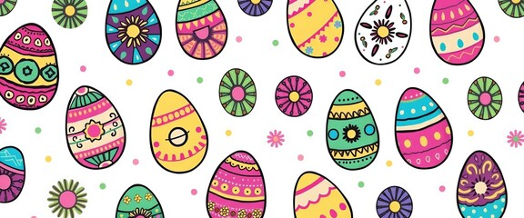 Vibrant Easter egg pattern, hand-drawn designs on white Perfect for spring projects, festive, holiday