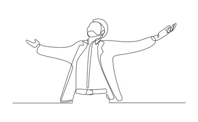 Continuous single line of man stretching hands for free freedom business success or yoga workout exercise sketch drawing editable stroke vector illustration
