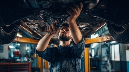 Mechanic Repairing Vehicle Undercarriage in Garage of excellence in splendor beyond compare