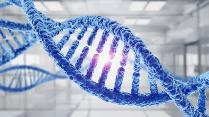 Molecular structure DNA strand with laboratory interior in the background