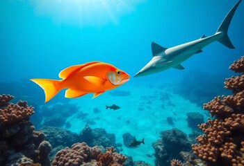 Fototapeta premium Vibrant orange fish swim near a shark over sun-drenched coral reef, colorful, wildlife