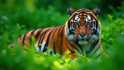 Obraz premium Striped Bengal tiger camouflaged by lush green foliage, big cat, Asia