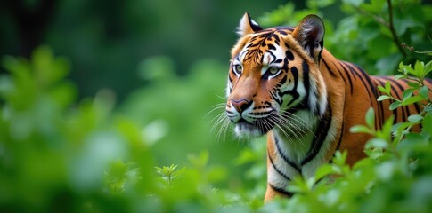 Striped Bengal tiger camouflaged by lush green foliage , animal, vibrant
