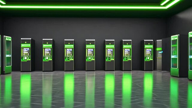 Futuristic ATM Room: Green Neon Lights Illuminate a Row of Sleek, Modern Cash Machines