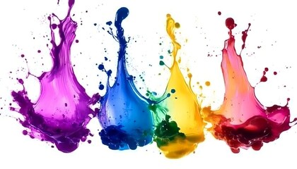Vibrant Splashes of Colorful Liquid Paint on White Background ,