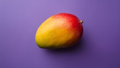 マットなラベンダー色の背景の隅に、鮮やかなマンゴーが静かに置かれ、その豊かな色合いが空間を鮮やかに彩る。

