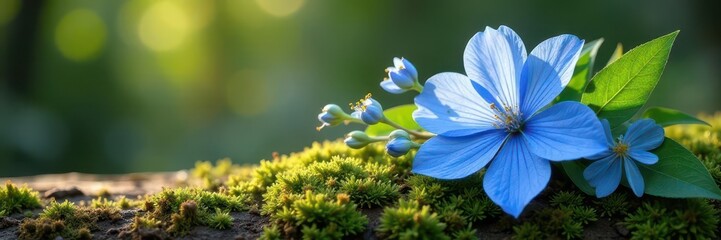 Naklejka premium Sun-drenched blue floral arrangement on mossy wood, blue flowers, wood