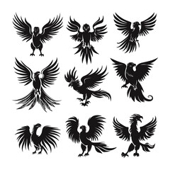Rooster winged silhouettes in flying and landing poses