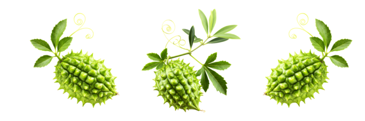 Teasel Gourd Kakrol with Leaves and Vines on Transparent Background

