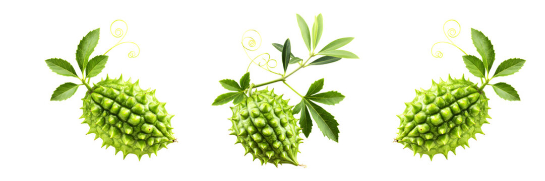 Teasel Gourd Kakrol with Leaves and Vines on Transparent Background


