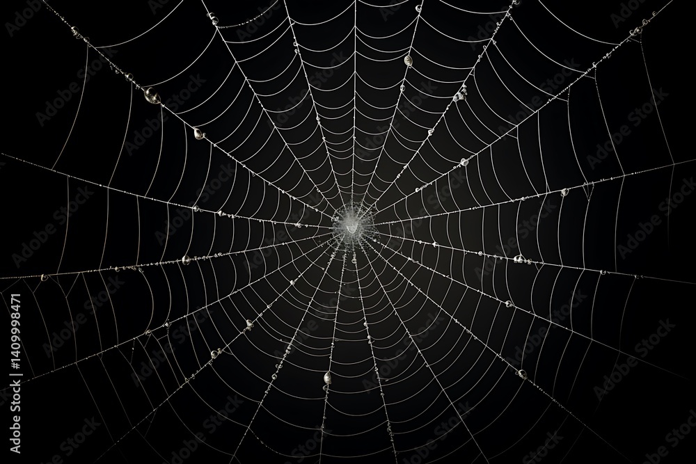 Wall mural detailed spiderweb threads with water droplets on transparent background macro shot