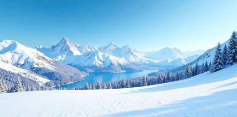 Naklejka premium Empty winter scene with snow-covered mountains and a bright blue sky, empty space, winter wonderland, serene atmosphere