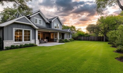 Beautiful home in Austin, Texas, with a large backyard at sunset