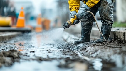Worker cleaning muddy street with high-pressure water jet.