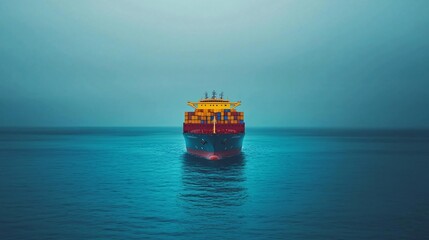 Detailed front view of cargo ship with clean blue ocean and high-contrast daylight, vivid realism.