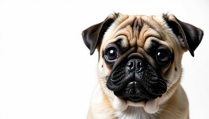Obraz premium Close-up of a pug's face, isolated, pure white backdrop, pug portrait, pet owner