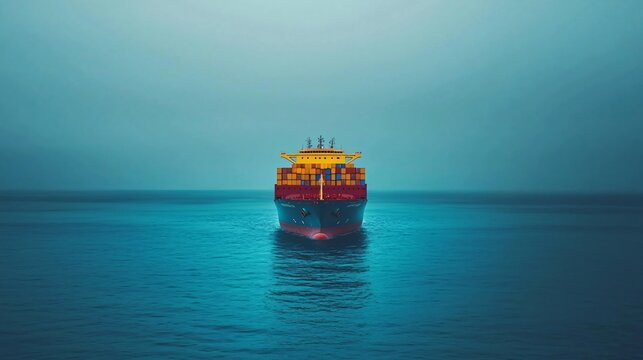 Detailed front view of cargo ship with clean blue ocean and high-contrast daylight, vivid realism.