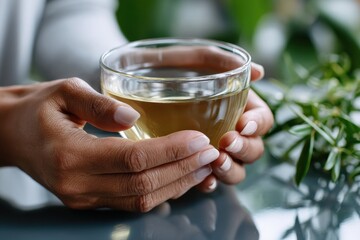 A close-up of a pair of hands holding a glass of herbal tea, capturing a moment of relaxation while surrounded by greenery and soft focus background elements.