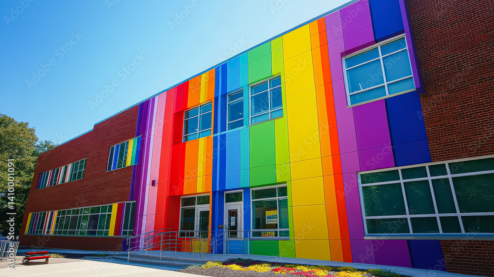 Poster colorful building with rainbow stripes on the side. the building is a school. the windows are large 