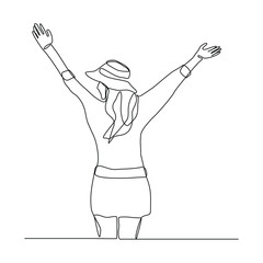 Continuous single line of woman stretching hands for free freedom business success or yoga workout exercise sketch drawing editable stroke vector illustration