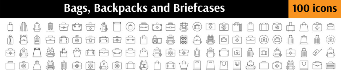 Bundle of Bags Related Line Icons. Briefcase, Backpack, Package, Baggage Outline Signs for Graphic and Web Design, Apps, Adverts, Various Cards